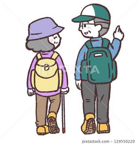 Illustration of an elderly couple climbing a mountain 129550220