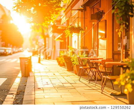 Soft sunlight streaming into the street in the morning 129550262