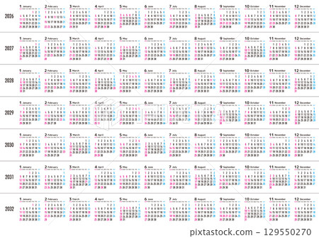 Sunday-starting annual calendar from 2026 to 2032 Sunday-starting annual calendar from 2026 to 2032 129550270