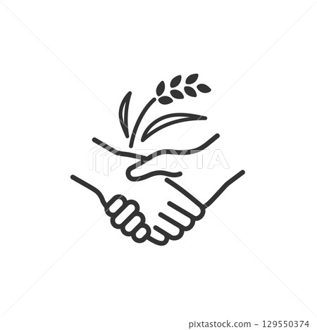 Vector line drawing icon of rice (ear of rice) and handshake. Agriculture, business succession, contract 129550374