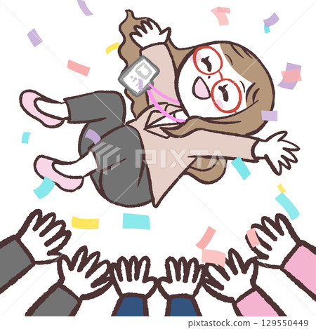 Illustration of a female office worker being lifted up Illustration of a female office worker being lifted up 129550449