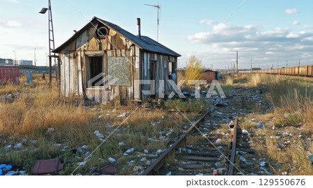 Weathered hut near train tracks and grassy overgrown surroundings 129550676
