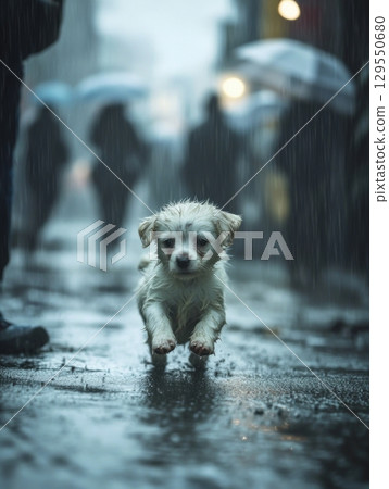 Wet puppy running on rainy city street with blurred pedestrians 129550680
