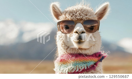 Cool alpaca wearing sunglasses and colorful scarf in sunny mountain landscape 129550687