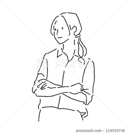 線條插畫：一位雙臂交叉、目光轉向一側的女性（上半身） 129550736