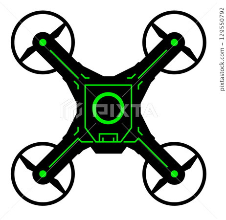 Illustration of an unmanned flying drone for transportation and filming with a camera 129550792