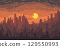 Building in the city under the sun, Vector background in 8 bit style 129550993