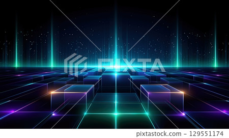 Abstract 3D grid of glowing cubes with neon blue and purple lights under a starry digital sky Abstract 3D grid of glowing cubes with neon blue and purple lights under a starry digital sky 129551174