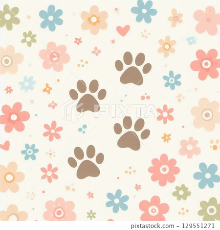 背景上點綴著淡彩色的花朵和可愛的爪印 129551271