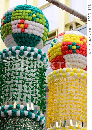 Colorful decorations at the Sendai Tanabata Festival Colorful decorations at the Sendai Tanabata Festival 129551348