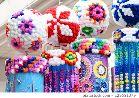 Colorful decorations at the Sendai Tanabata Festival Colorful decorations at the Sendai Tanabata Festival 129551379