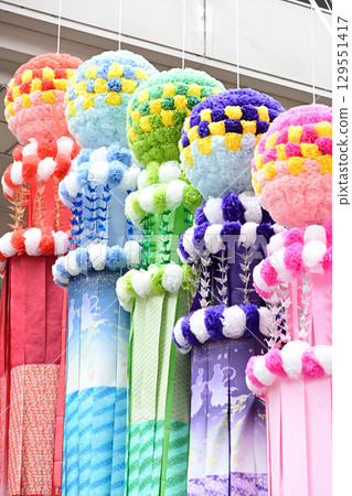 Colorful decorations at the Sendai Tanabata Festival 129551417