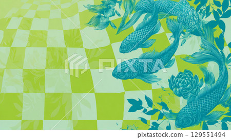 日式背景插圖：色彩鮮豔的鯉魚和花卉圖案 129551494