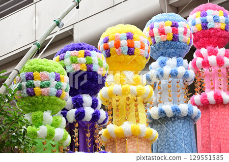 Colorful decorations at the Sendai Tanabata Festival 129551585