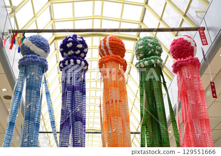 Colorful decorations at the Sendai Tanabata Festival 129551666