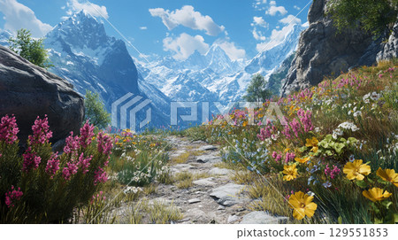 鮮花盛開的山間小路和壯麗的雪山景色 129551853