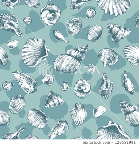 Elegant seamless pattern with assorted seashells in white over turquoise background, hand drawn line art illustration in black ink, perfect for marine themed fabric, wallpaper and wrapping paper. 129551991