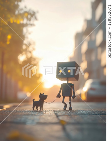 Humanoid robot walking black puppy through urban street during golden hour, highlighting technological companionship and unexpected emotional connection 129552071