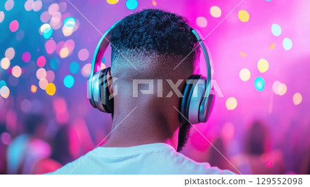 Dj wearing headphones mixing electronic music, spinning vinyl amid colorful bokeh lights and cascading confetti during high energy nightclub performance 129552098