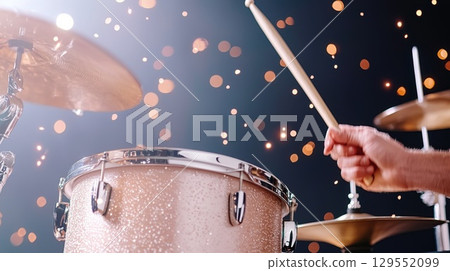 Drummer's hands striking drumsticks against percussion instrument during vibrant live music performance, intense lighting highlighting rhythmic motion 129552099