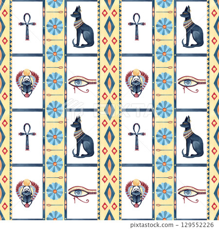Egyptian seamless pattern with Bastet, Scarab beetle, eye of Horus, Ankh cross. Ancient vertical ornament, sacred lotus, symbols of Egypt. Watercolor illustration isolated from background. Clip art Egyptian seamless pattern with Bastet, Scarab beetle, eye of Horus, Ankh cross. Ancient vertical ornament, sacred lotus, symbols of Egypt. Watercolor illustration isolated from background. Clip art 129552226