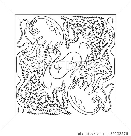 Art nouveau style jellyfish swimming in ocean coloring page hand drawn vector illustration 129552276