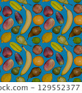 Seamless 3D Fruit Pattern on Blue Background Tileable Rendering Illustration 129552377