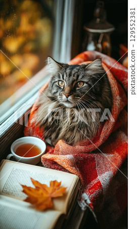 Cute fluffy cat with a cup of coffee, on the windowsill, wrapped in a blanket, autumn leaves outside the window, the concept of autumn home comfort. 3d rendering. 129552381