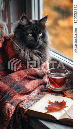 Cute fluffy cat with a cup of coffee, on the windowsill, wrapped in a blanket, autumn leaves outside the window, the concept of autumn home comfort. 3d rendering. Cute fluffy cat with a cup of coffee, on the windowsill, wrapped in a blanket, autumn leaves outside the window, the concept of autumn home comfort. 3d rendering. 129552382