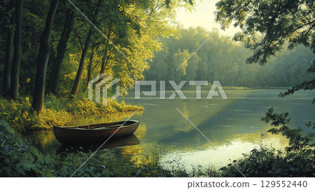 湖邊船與樹的風景 129552440