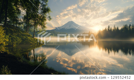 山脈與湖面倒映的朝陽，構成了一幅美麗的風景。 129552452