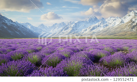 A landscape of a single tree standing in a vast green field 129552471