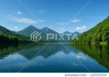 A tranquil lake and green mountains reflected in the blue sky 129552534