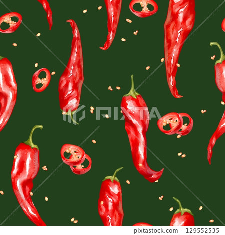 Hand-drawn seamless pattern with red chili peppers and scattered seeds on a dark green background. Perfect for spicy food packaging, kitchen decor, or fabric. Hand-drawn seamless pattern with red chili peppers and scattered seeds on a dark green background. Perfect for spicy food packaging, kitchen decor, or fabric. 129552535