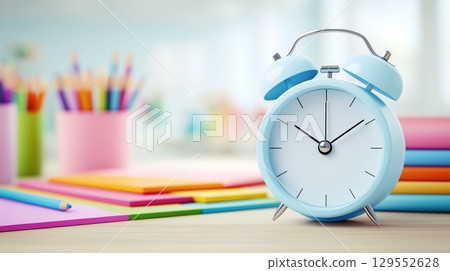 Back to school concept. Colorful pencils and alarm clock on table in classroom. Back to school concept. Colorful pencils and alarm clock on table in classroom. 129552628