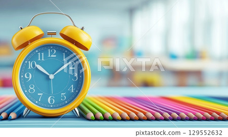 Back to school concept. Colorful pencils and alarm clock on table in classroom. 129552632