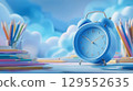 Back to school concept. Colorful pencils and alarm clock on table in classroom. 129552635