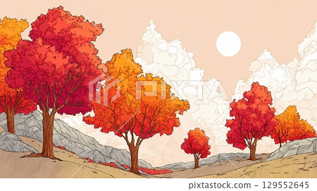 秋日的天空和紅橙色樹木的插畫風景 秋日的天空和紅橙色樹木的插畫風景 129552645