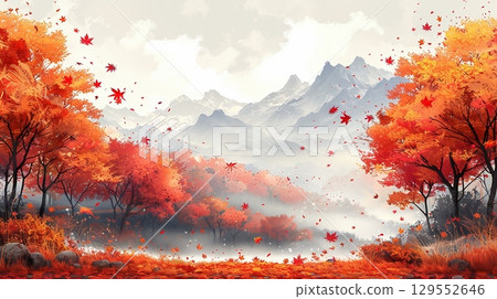 秋天的落葉和落葉的山景插圖 秋天的落葉和落葉的山景插圖 129552646