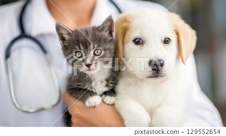 Cute kitten and puppy in the arms of a female veterinarian, in a veterinary clinic. Concept of advertising veterinary services and pet care.  129552654