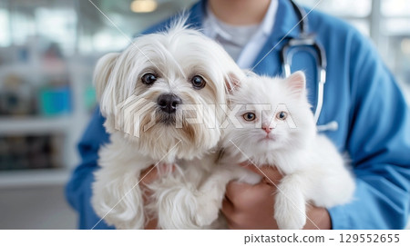 Cute kitten and puppy in the arms of a female veterinarian, in a veterinary clinic. Concept of advertising veterinary services and pet care.  129552655