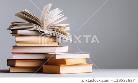 Open book and stack of hardcover books on the table. Concept back to school, education, library. 129552687
