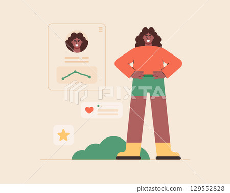 Flat cartoon woman character with Activity application. Activity tracking concept. Flat vector style. 129552828