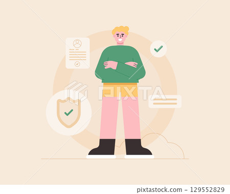 Flat cartoon man character with insurance icon. Health insurance concept. Flat vector style. 129552829