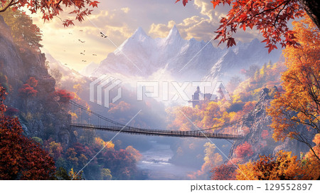 A suspension bridge and castle surrounded by autumn-colored mountains 129552897