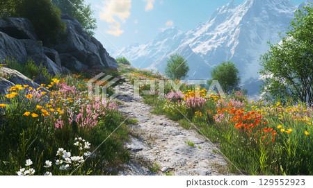 山間步道上盛開的五彩花朵和雪山景色 129552923
