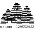 日本城堡：城堡牆壁與塔樓和砲塔的黑白輪廓 129552982