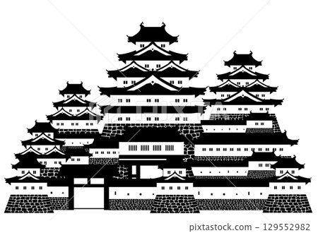 Japanese castle: Black and white silhouette of castle walls with towers and turrets 129552982