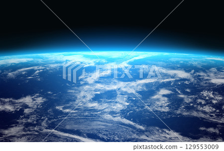 Earth. Space. Planet with world ocean and clouds. Panoramic view. 129553009