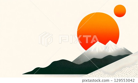 Vibrant abstract landscape with gradient sky mountain silhouettes and a bold sun in the distance creating a serene and minimalist scene Vibrant abstract landscape with gradient sky mountain silhouettes and a bold sun in the distance creating a serene and minimalist scene 129553042